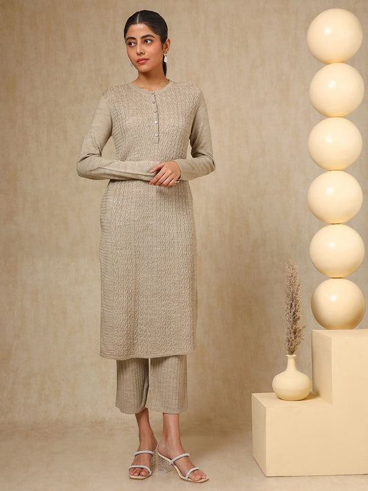 Dhiyona SO Women's Beige Geometric Woven Design Acrylic Straight Kurta With Trouser