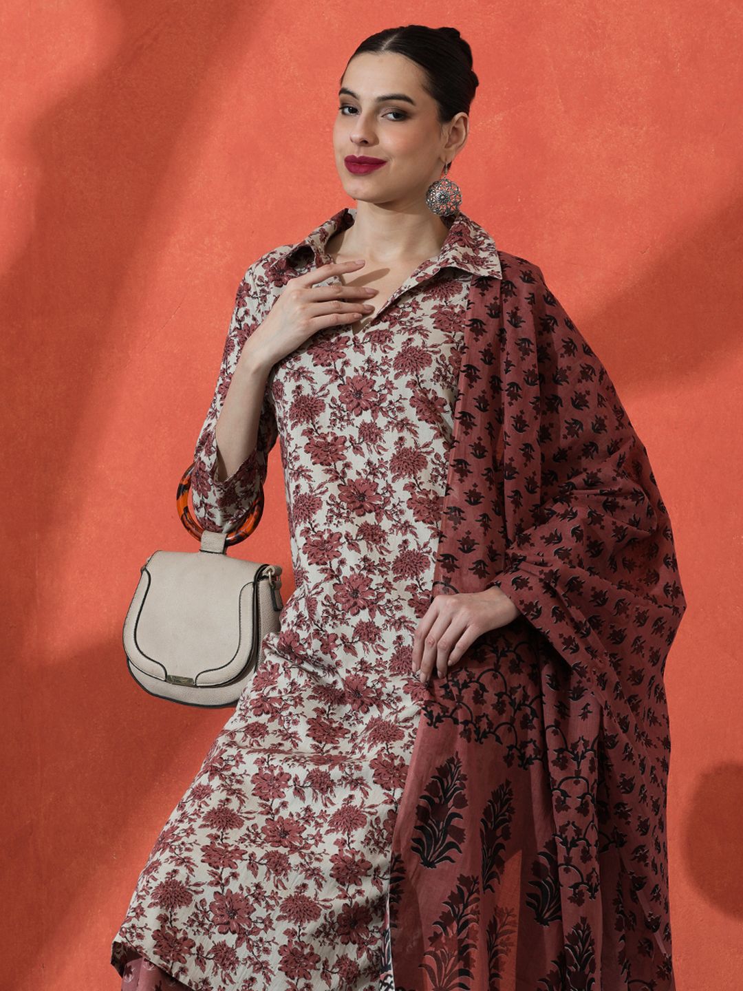 Dhiyona SN Women's Floral Printed Pure Cotton Straight Kurta With Trousers & Dupatta