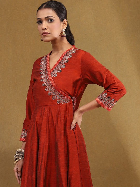 Women's Rust Embroidered Angrakha Festive Anarkali Suit Set