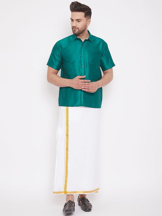 Men's Green Silk Blend Straight Shirt And Mundu