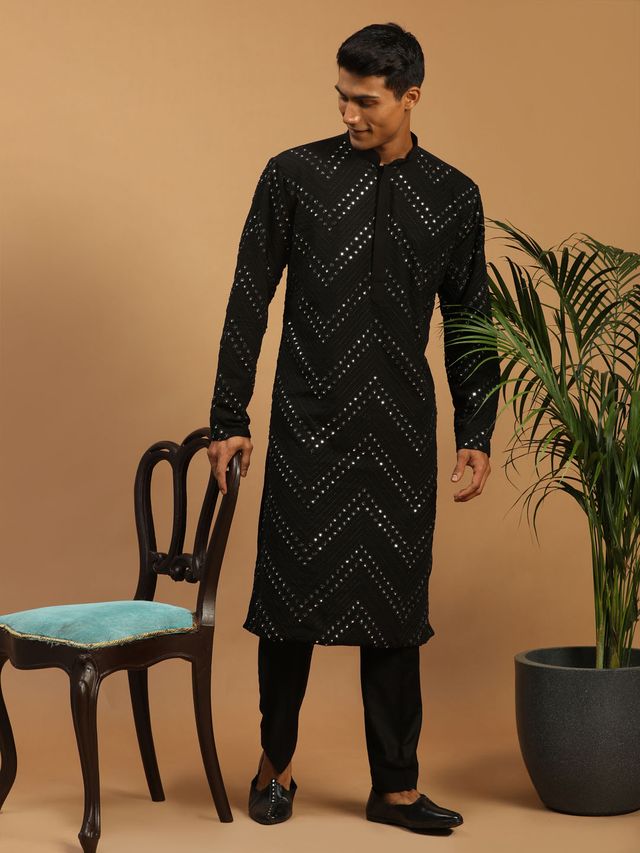 Men's Black Georgette Straight Kurta Pyjama Set