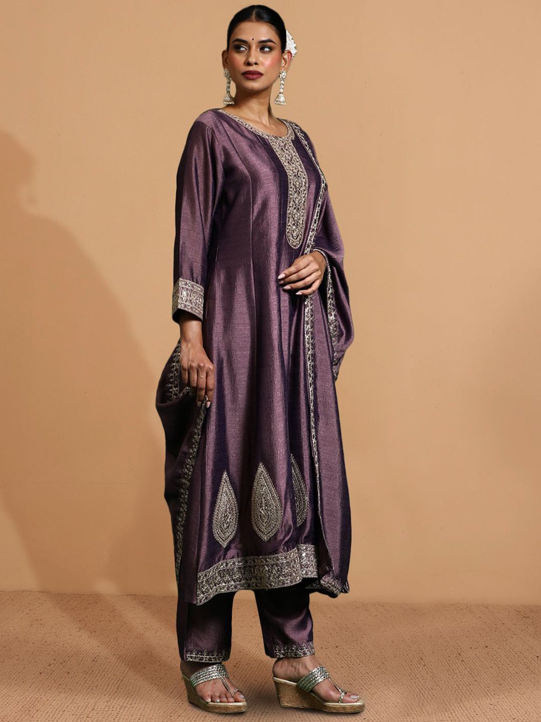 Dhiyona PD Women Women Zari Embroidered Anarkali Kurta With Trouser & Dupatta