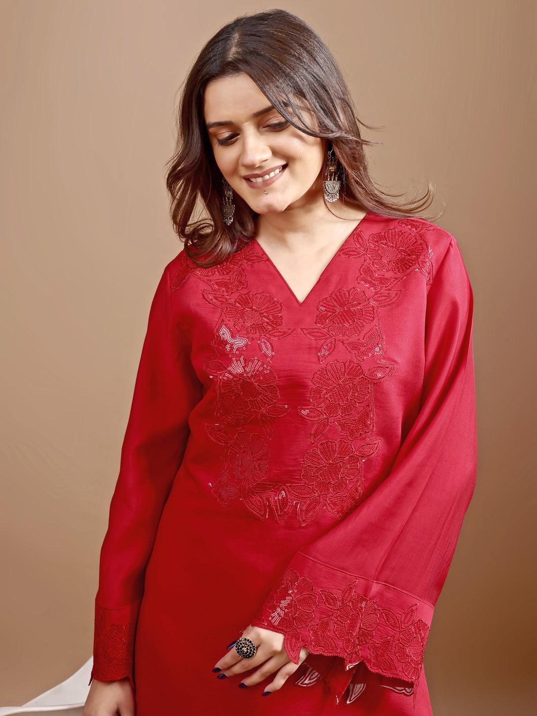 Dhiyona TI Women's Red Silk Blend Heavy Sequence Work Co Ord