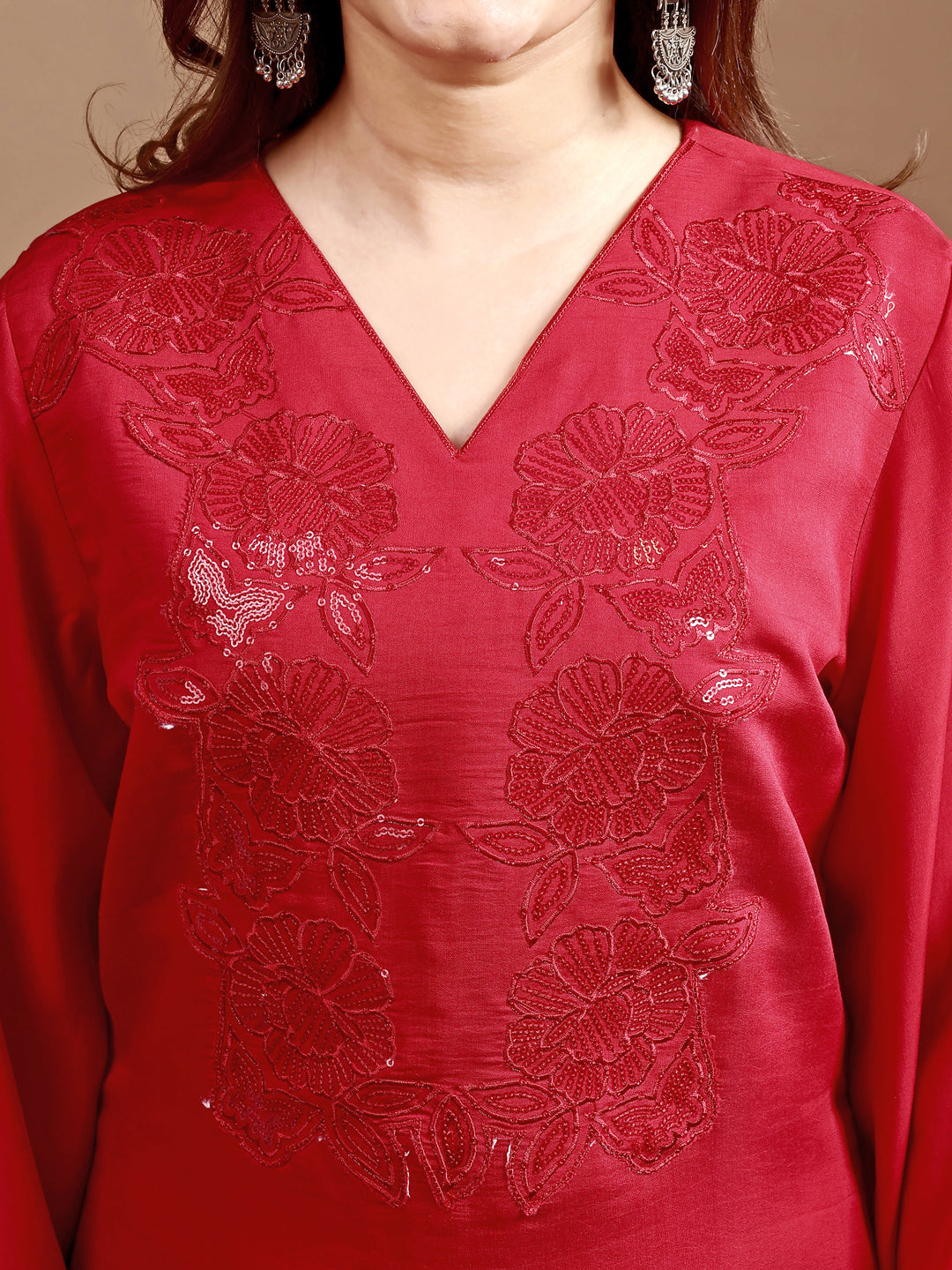 Dhiyona TI Women's Red Silk Blend Heavy Sequence Work Co Ord