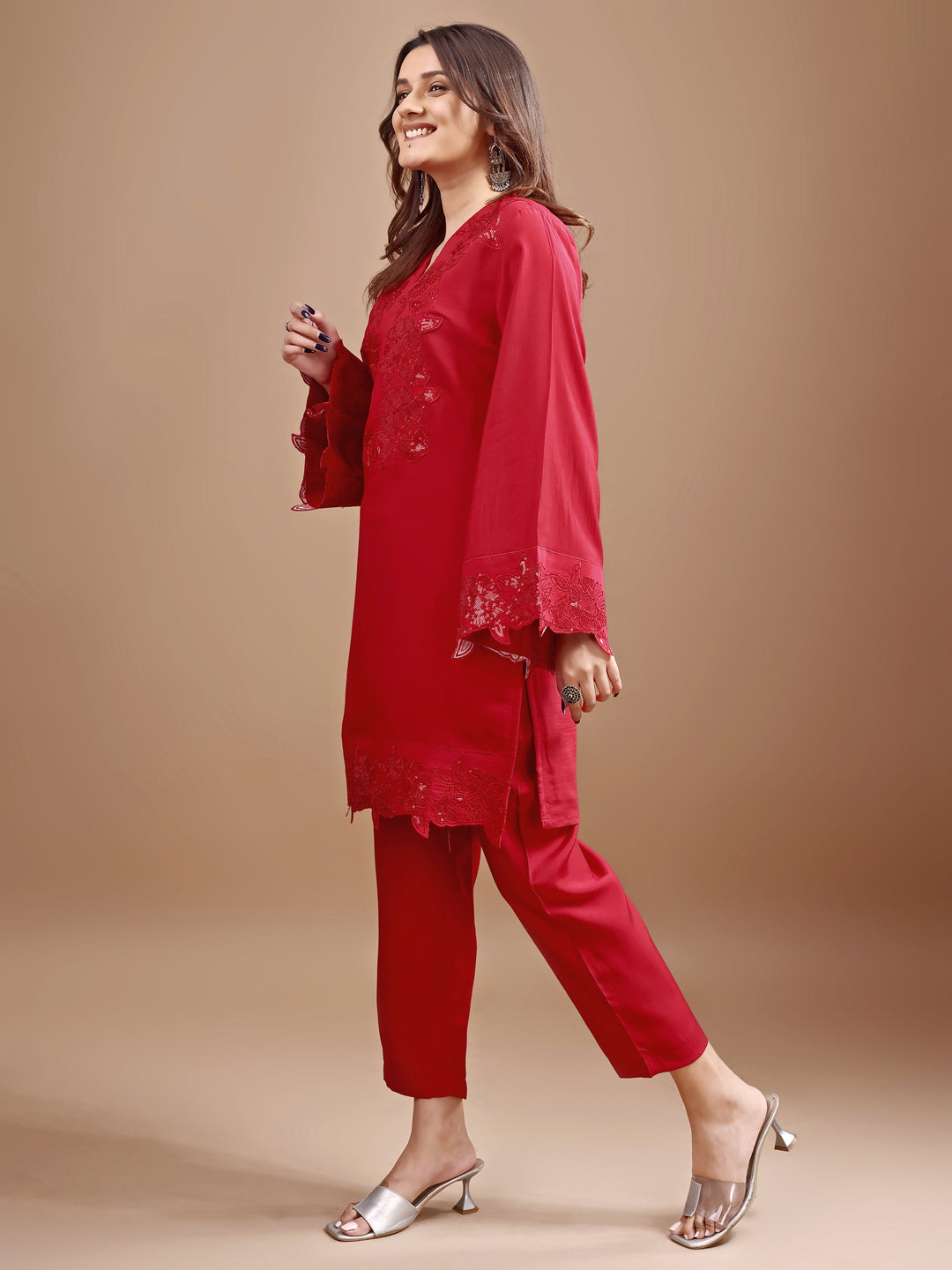 Dhiyona TI Women's Red Silk Blend Heavy Sequence Work Co Ord