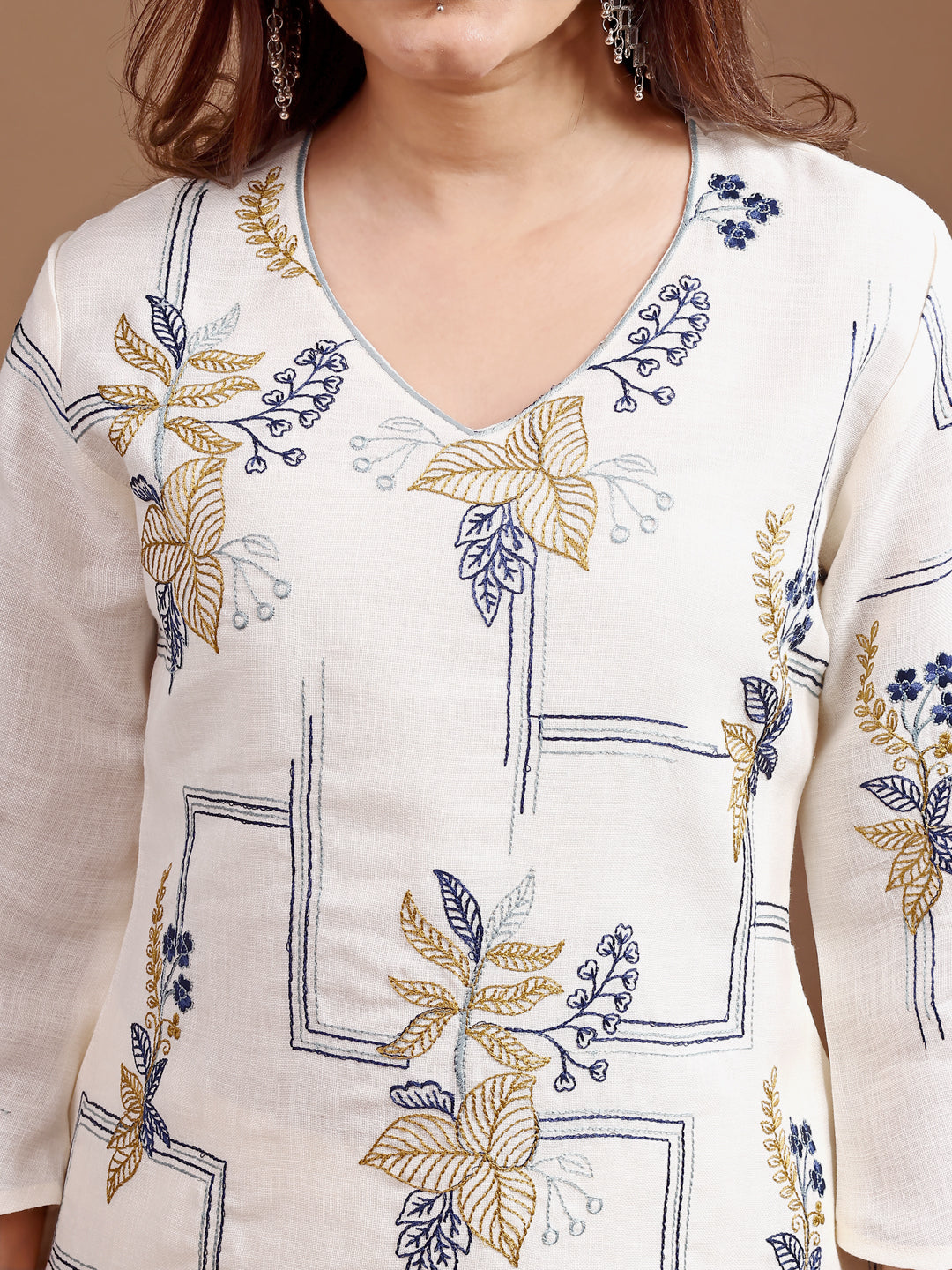 Dhiyona TI Women's Off White Linen Contrast Thread Embroidery Top with Palazzo