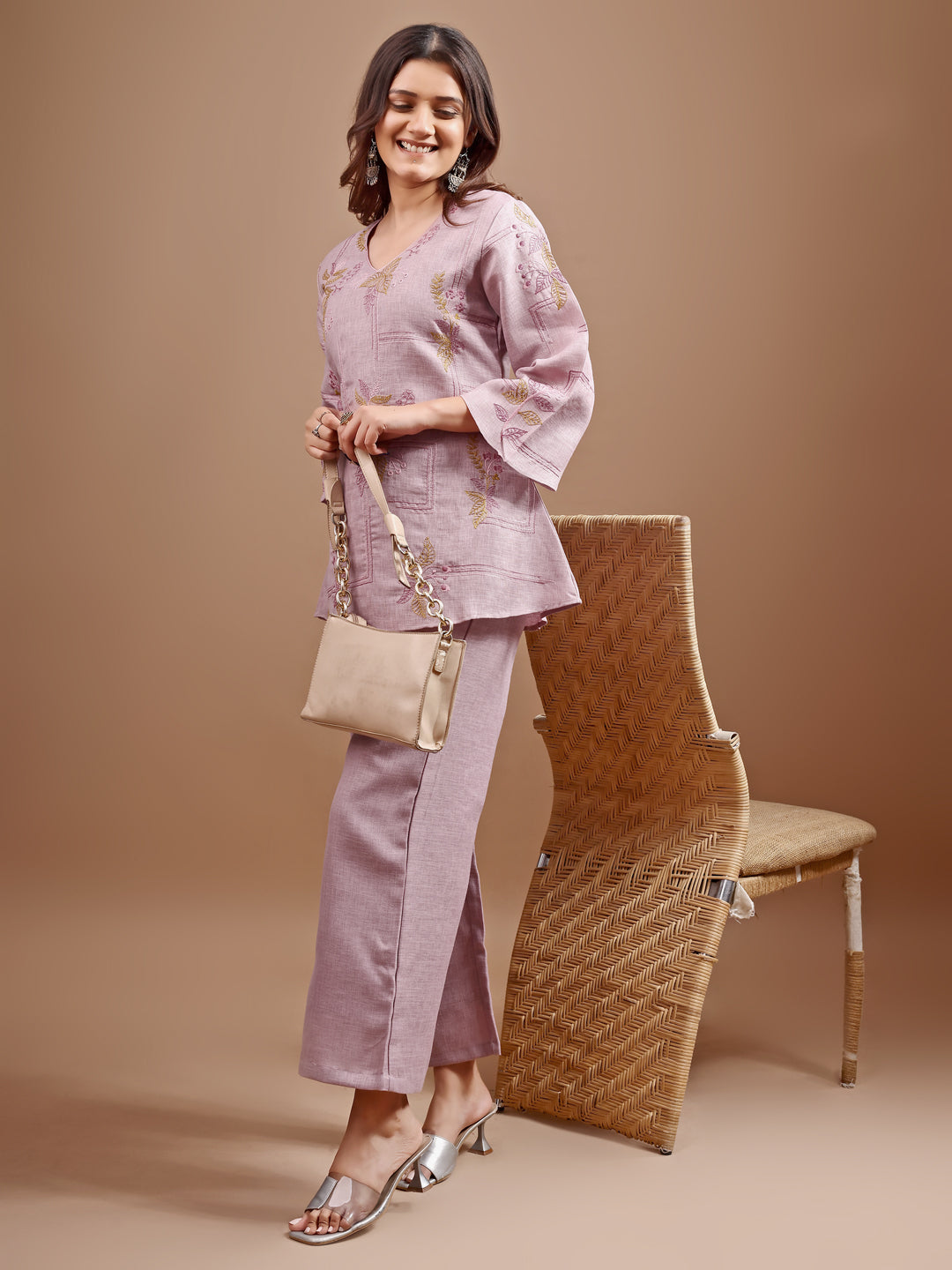 Dhiyona TI Women's Mauve Linen Contrast Thread Embroidery Top with Palazzo