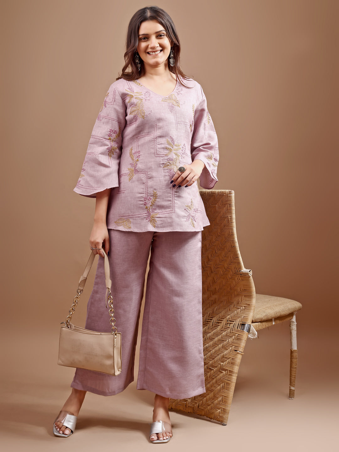 Dhiyona TI Women's Mauve Linen Contrast Thread Embroidery Top with Palazzo