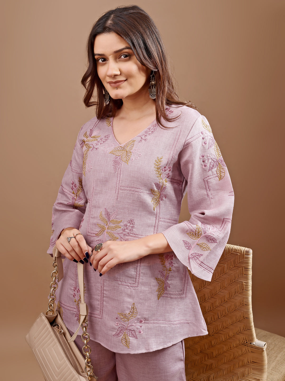 Dhiyona TI Women's Mauve Linen Contrast Thread Embroidery Top with Palazzo