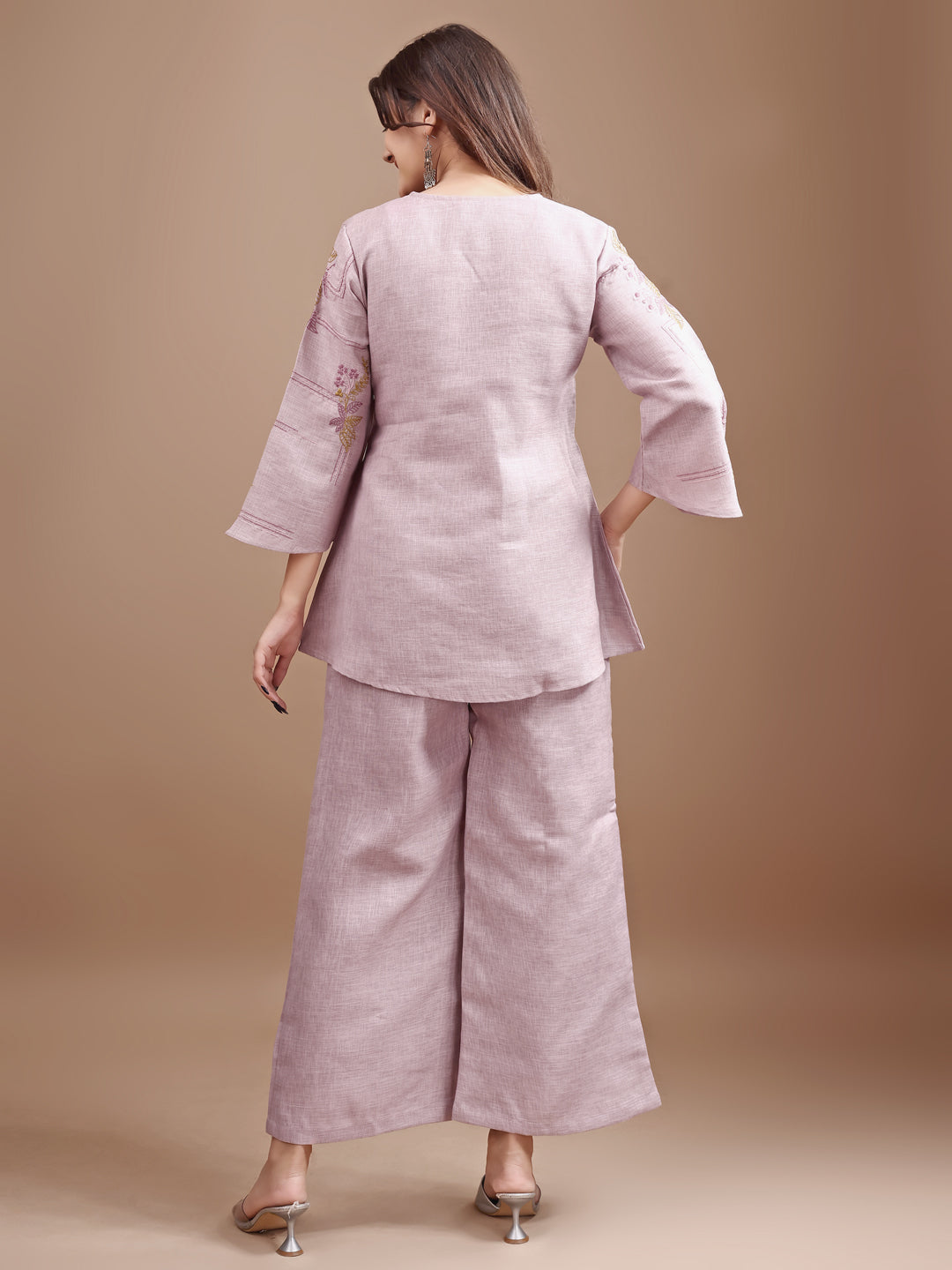 Dhiyona TI Women's Mauve Linen Contrast Thread Embroidery Top with Palazzo