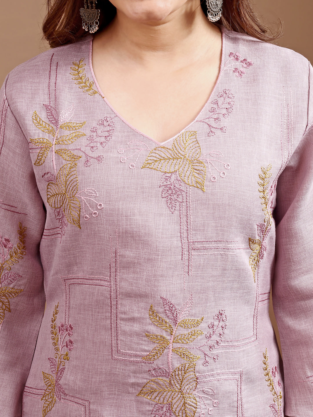 Dhiyona TI Women's Mauve Linen Contrast Thread Embroidery Top with Palazzo
