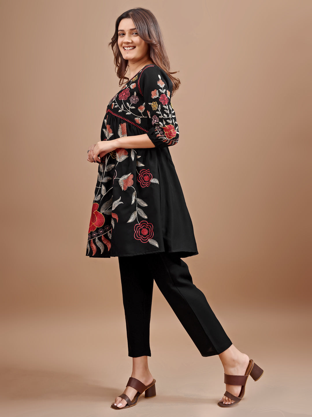 Dhiyona TI Women's Black Linen Multi Thread Embroidery Flared Kurta with Pant