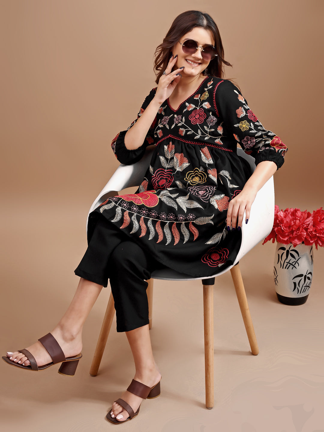 Dhiyona TI Women's Black Linen Multi Thread Embroidery Flared Kurta with Pant