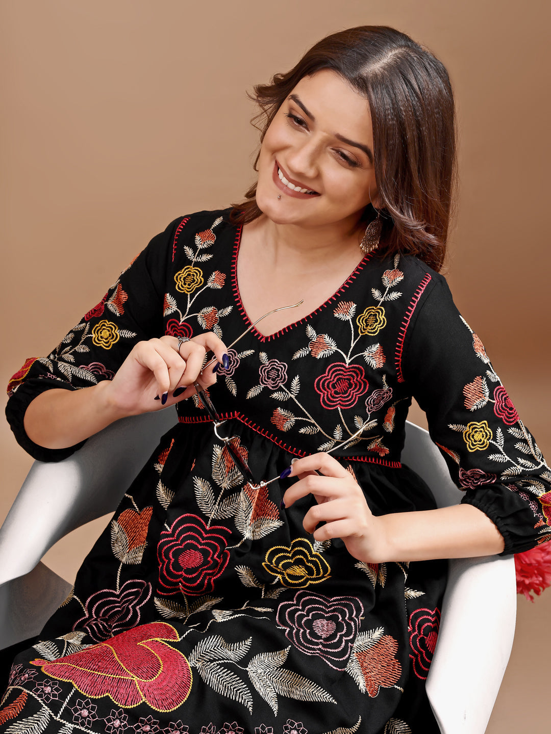 Dhiyona TI Women's Black Linen Multi Thread Embroidery Flared Kurta with Pant