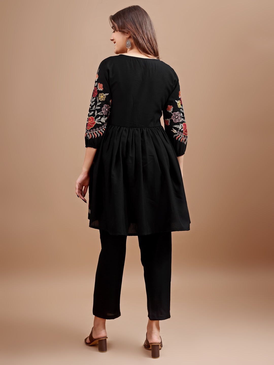 Dhiyona TI Women's Black Linen Multi Thread Embroidery Flared Kurta with Pant