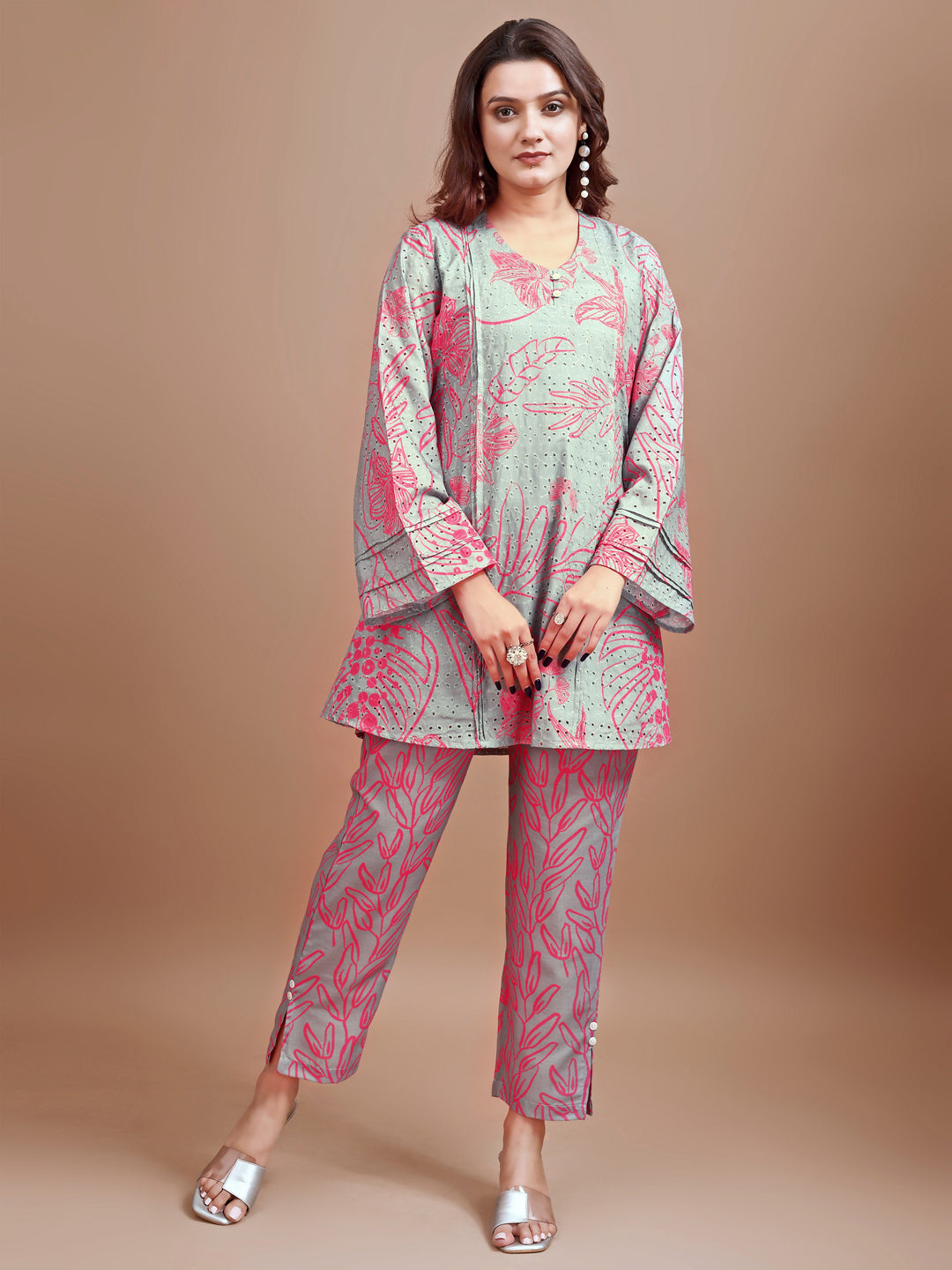 Dhiyona TI Women's Dusty Grey Hakoba Printed Kurta with Pant