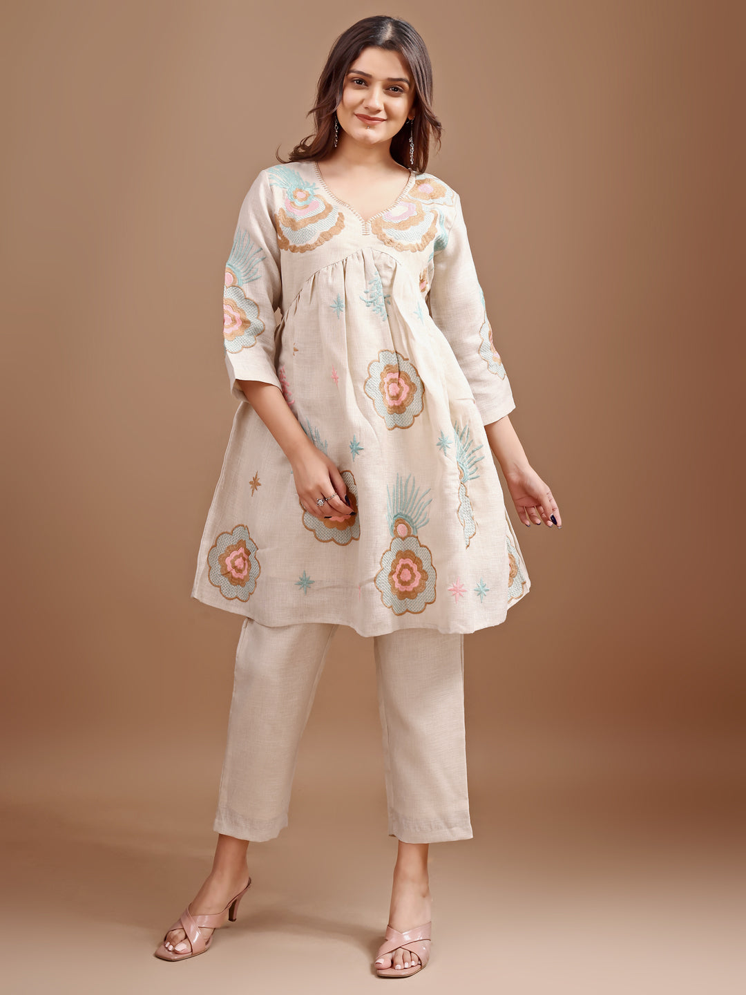 Dhiyona TI Women's Beige Linen Multi Thread Embroidery Flared Kurta with Pant