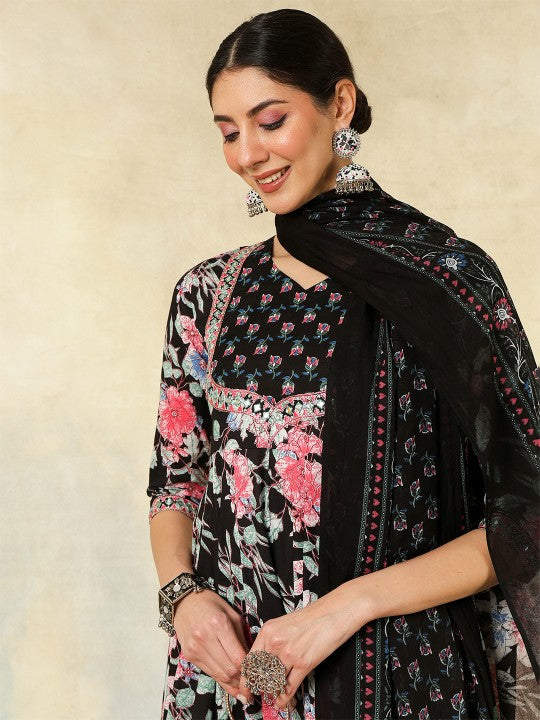 Women's Floral Printed V-Neck Anarkali Pure Cotton Kurta With Palazzos And Dupatta