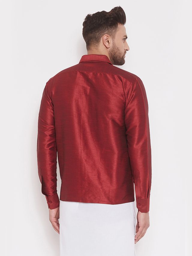 Men's Maroon Silk Blend Straight Ethnic Shirt