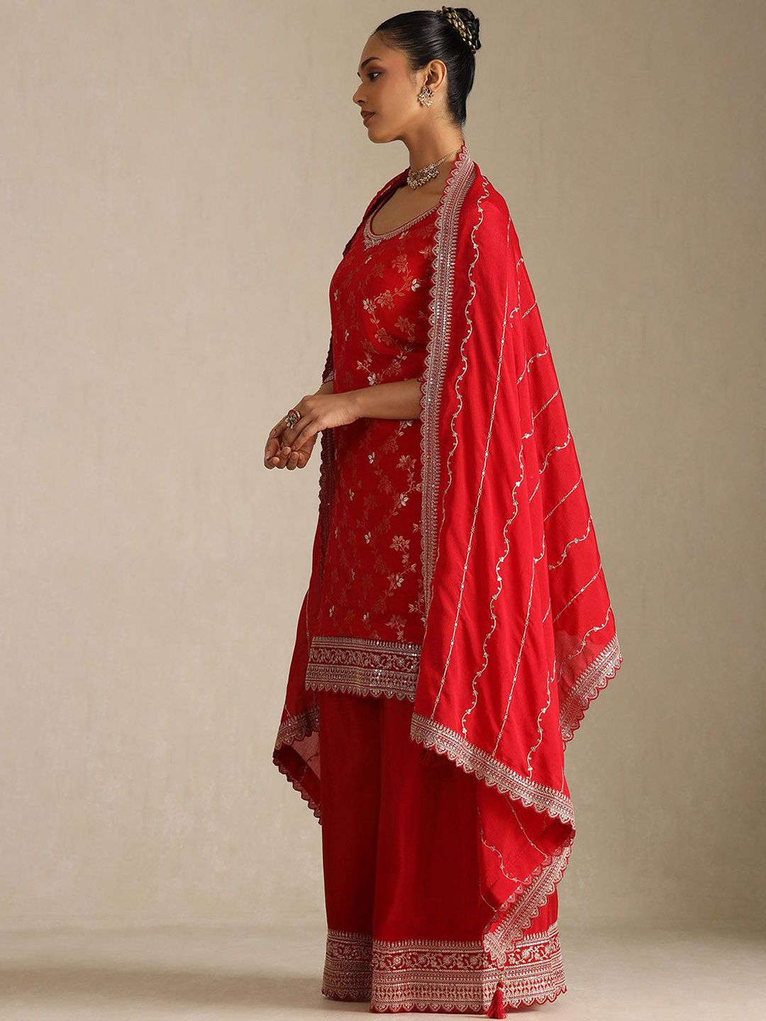 Dhiyona SO Women's Floral Embroidered Sequinned Straight Kurta With Palazzos And Dupatta