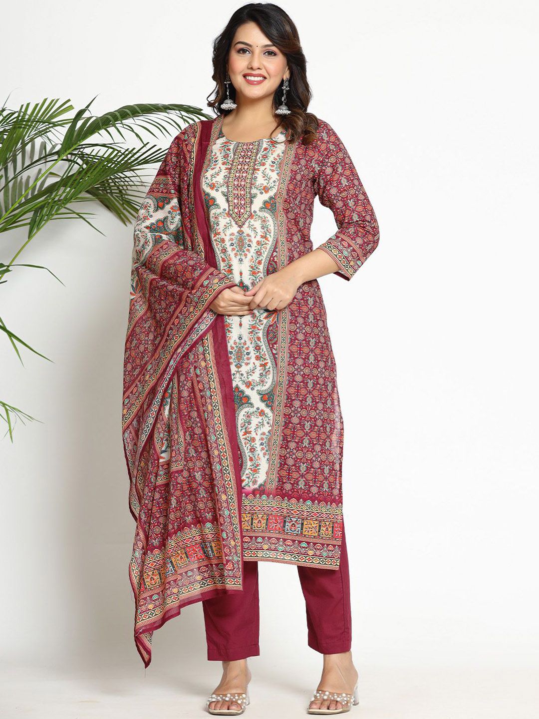 Dhiyona VA Women's Paisley Printed Regular Beads and Stones Pure Cotton Kurta with Trousers & With Dupatta