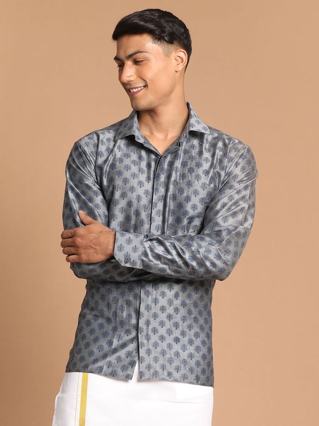 Men's Grey Viscose Blend Straight Ethnic Shirt