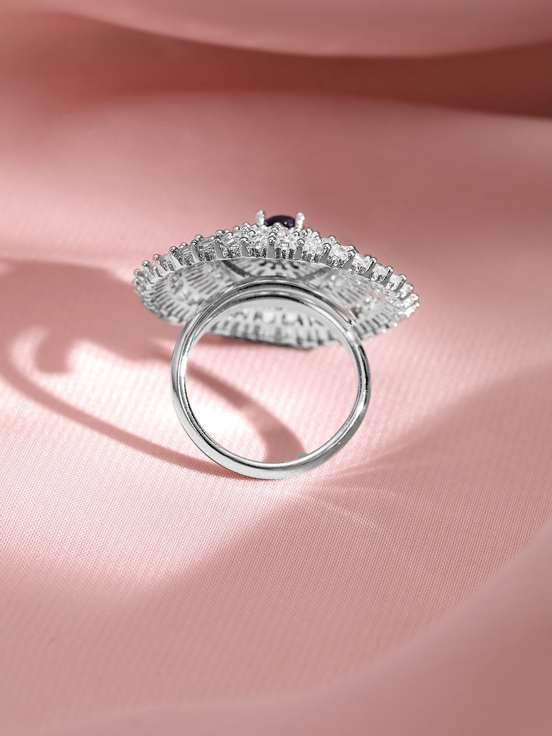 Dhiyona RJ Women's Rhodium-Plated Blue Sapphire & Zirconia Studded Adjustable Finger Ring