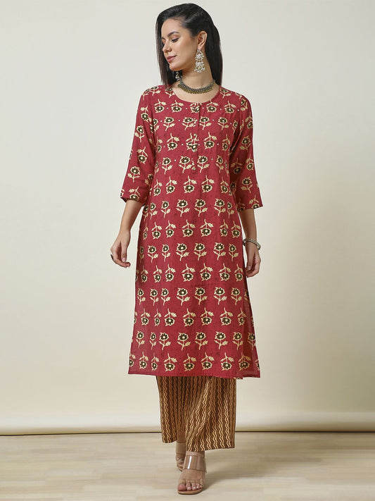 Dhiyona SO Women's Red Floral Embroidered Round Neck Straight Mirror Work Kurta With Palazzos