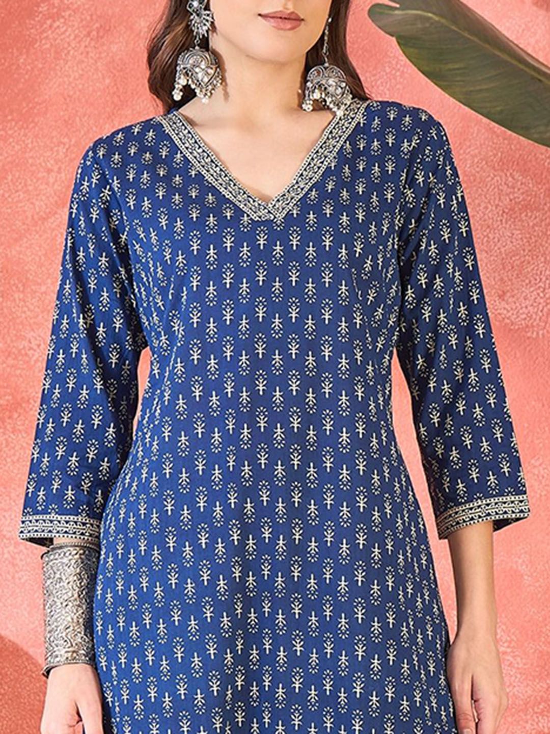 Dhiyona SN Women's Floral Printed V Neck Pure Cotton Kurta With Trousers & Dupatta