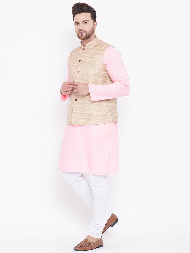 Men's Pink Cotton Blend Straight Jacket Kurta and Pyjama Set