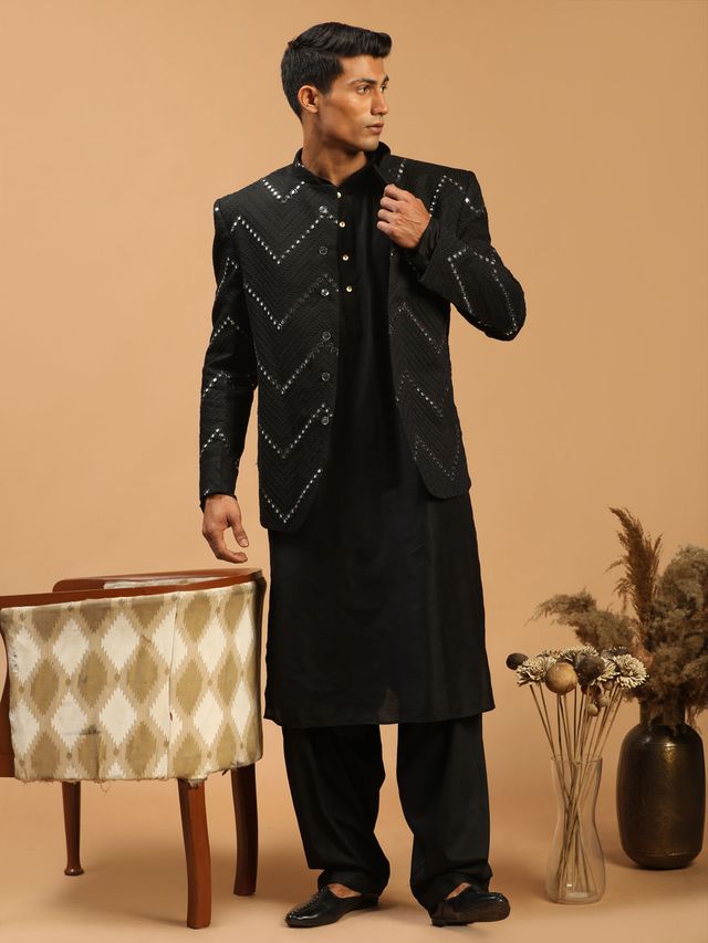 Men's Black Viscose Straight Jacket Kurta and Pyjama Set