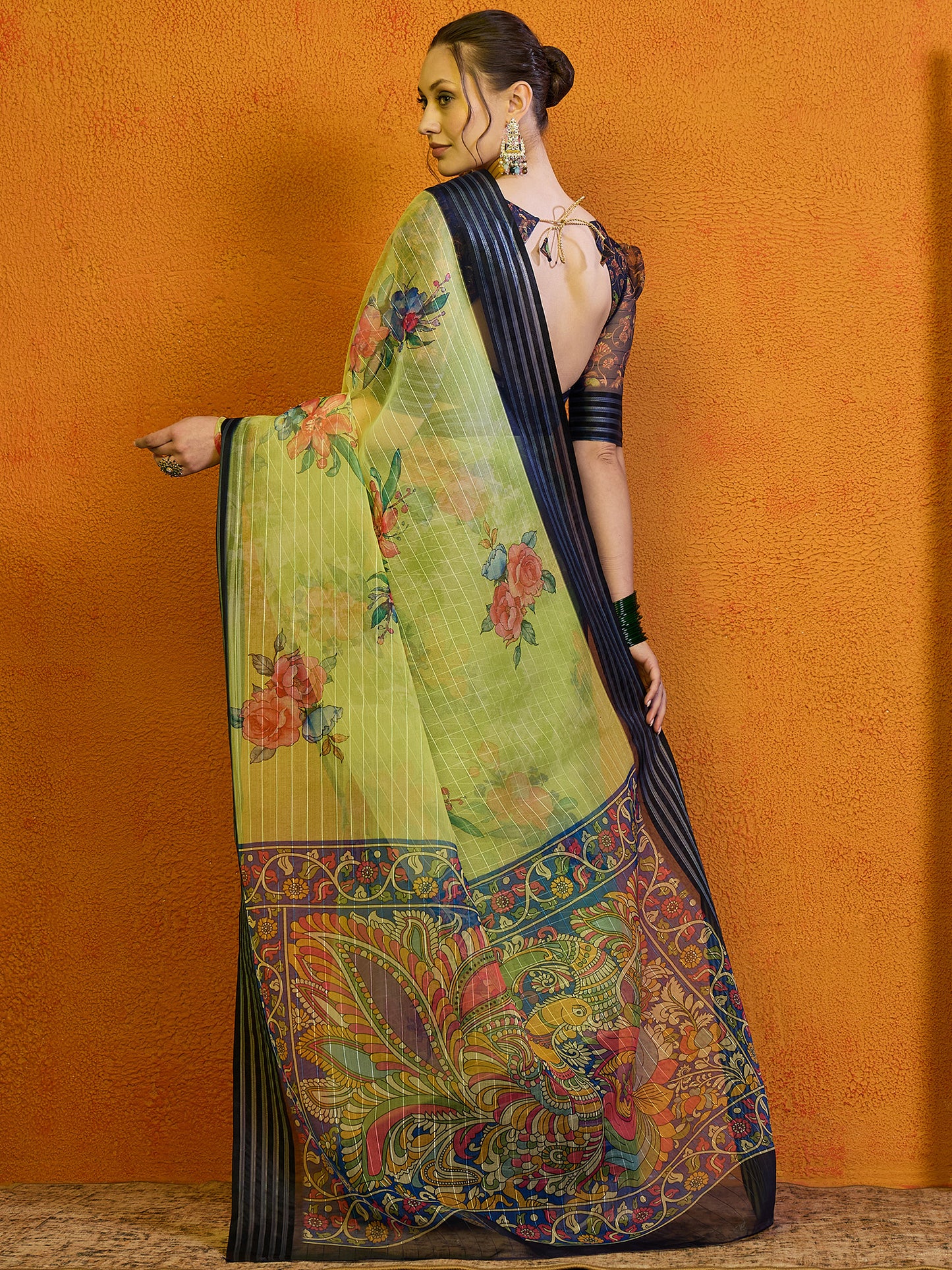 Women's Organza Light Green Printed Designer Saree With Blouse Piece