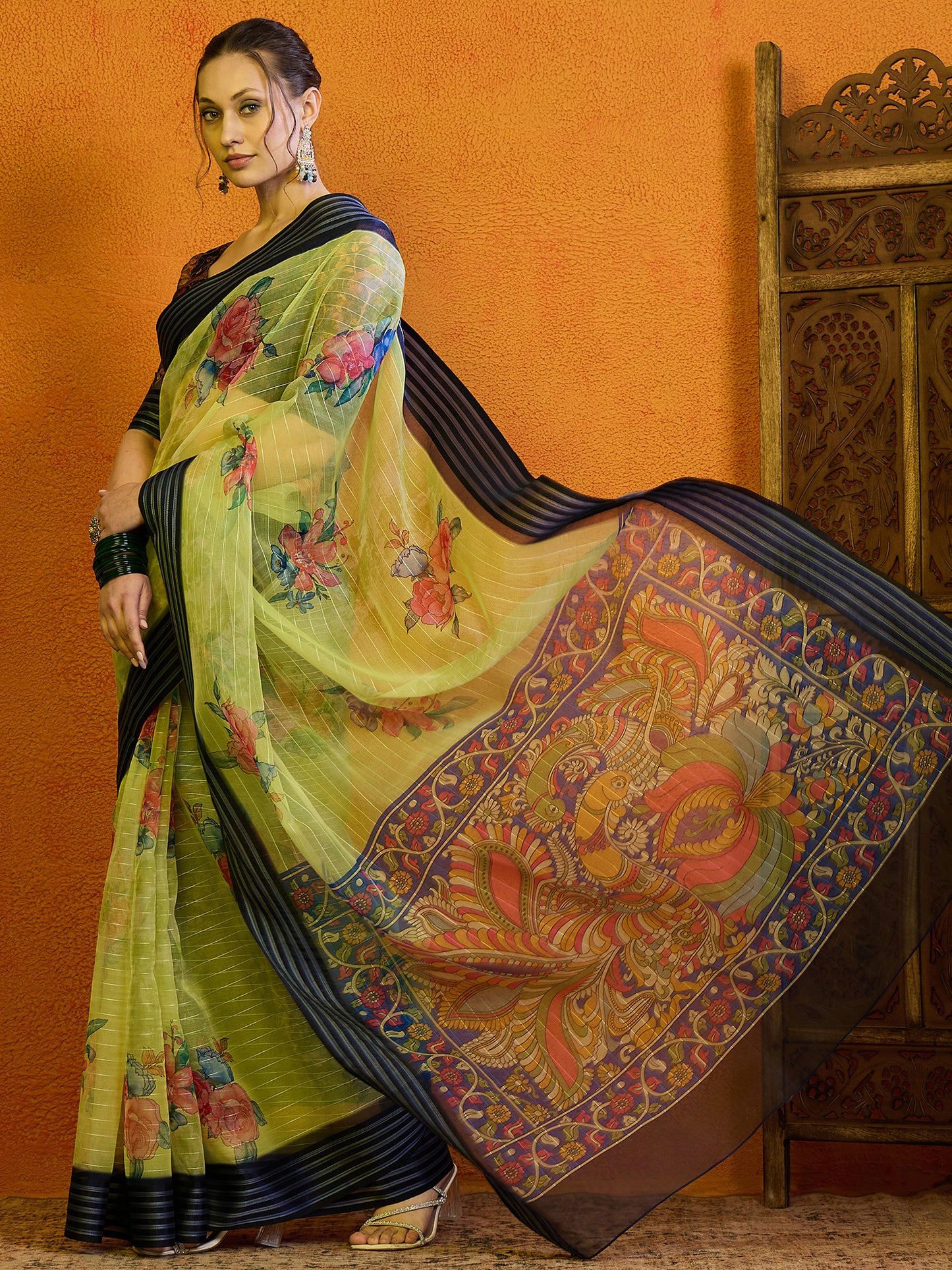 Women's Organza Light Green Printed Designer Saree With Blouse Piece