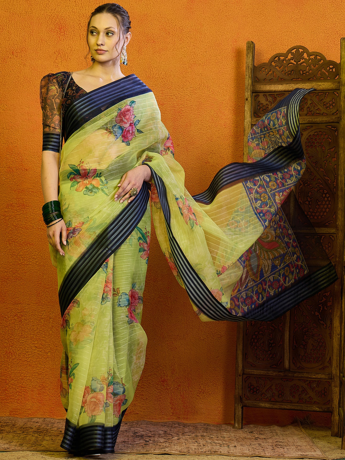 Women's Organza Light Green Printed Designer Saree With Blouse Piece