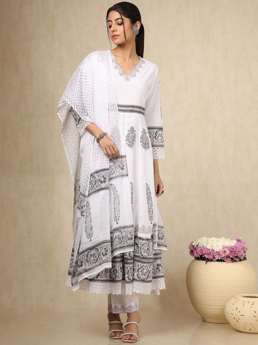 Dhiyona SO Women's Paisley Printed Sequinned V-Neck Anarkali Kurta With Trousers & Dupatta
