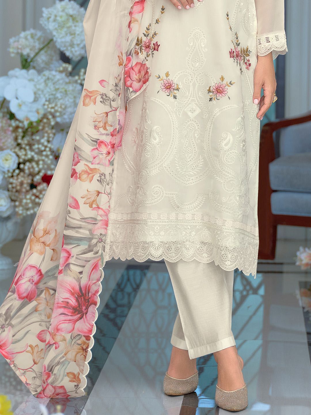 Women Ethnic Motifs Embroidered Regular Organza Kurta with Trousers & Dupatta
