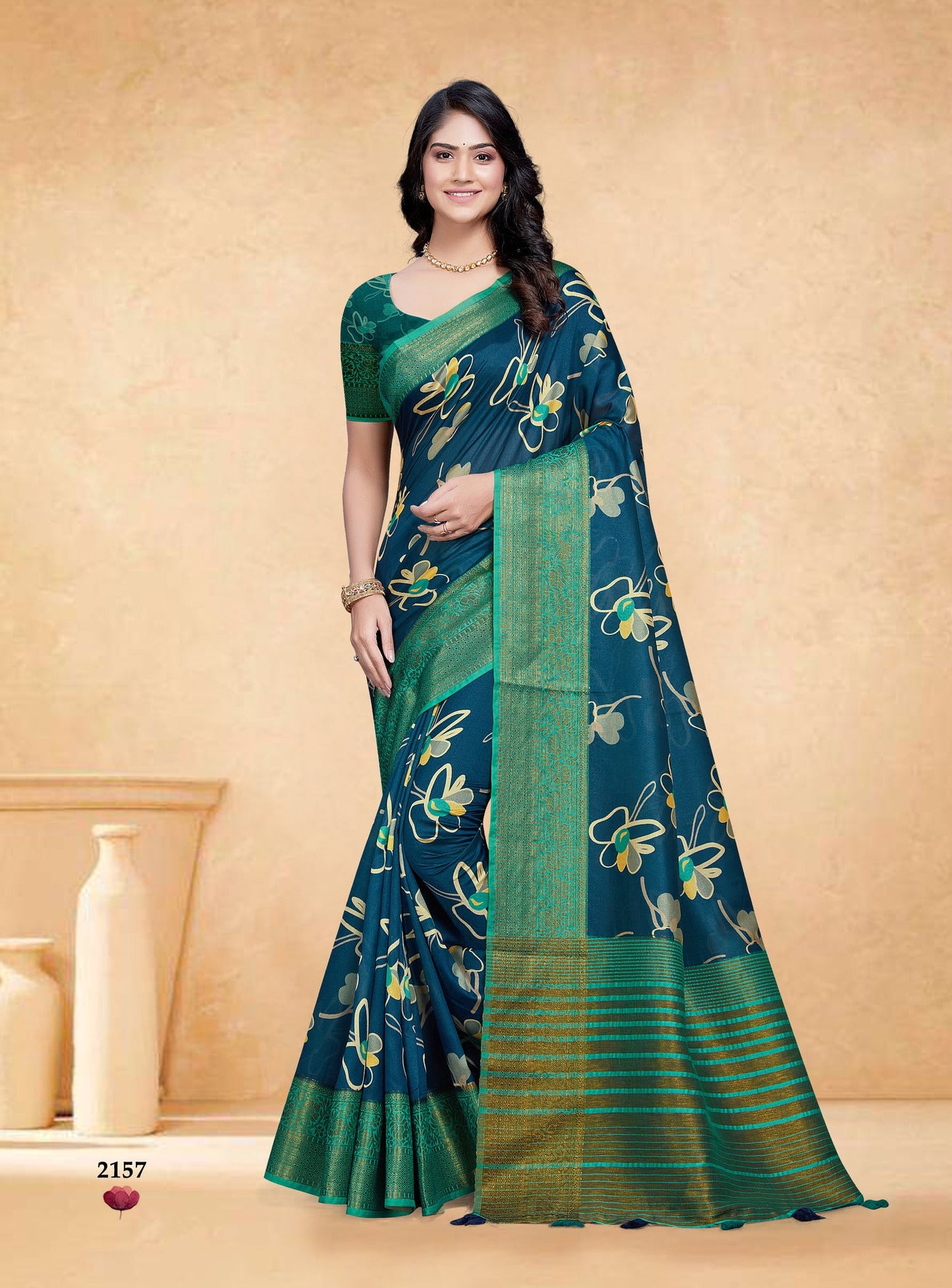 Dhiyona GR Women's Devsena Teal Blue Tussar Silk Digital Print Saree