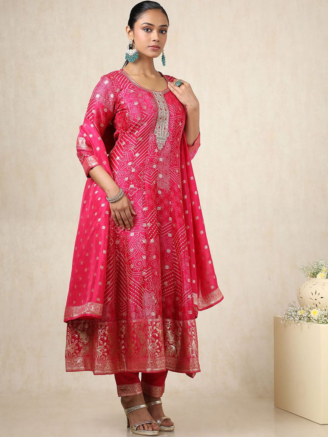 Dhiyona SO Women's Bandhani Printed Thread Work A-Line Kurta With Trousers And Dupatta