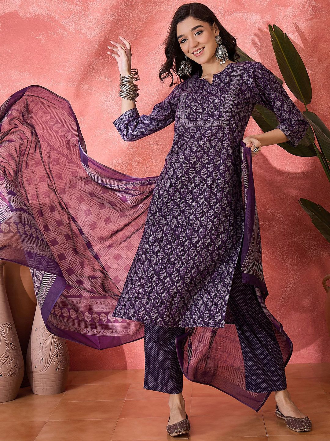 Dhiyona SN Women's Floral Printed Pure Cotton Straight Kurta With Trousers & Dupatta