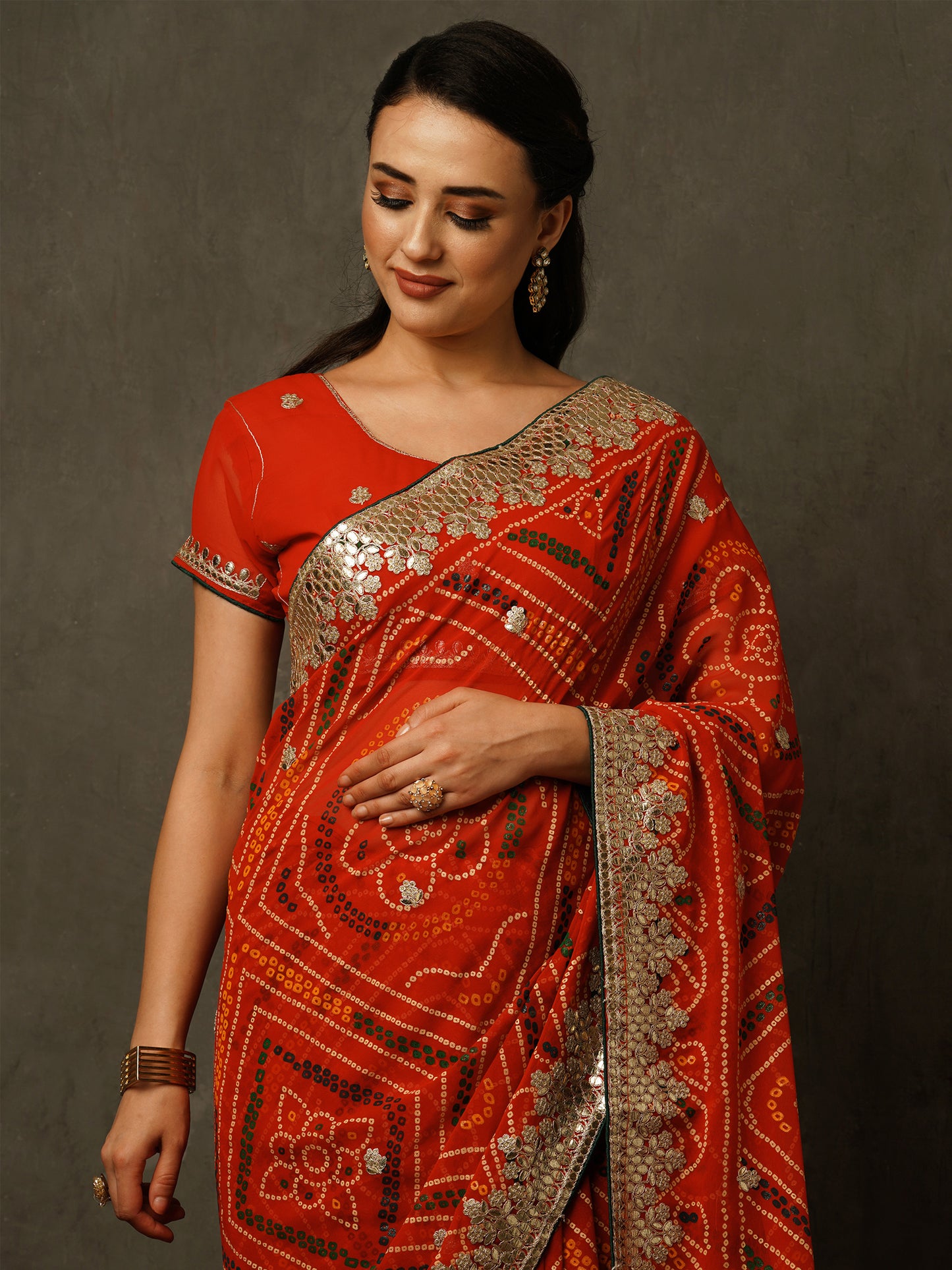 Women's Georgette Red Embellished Celebrity Saree With Blouse Piece