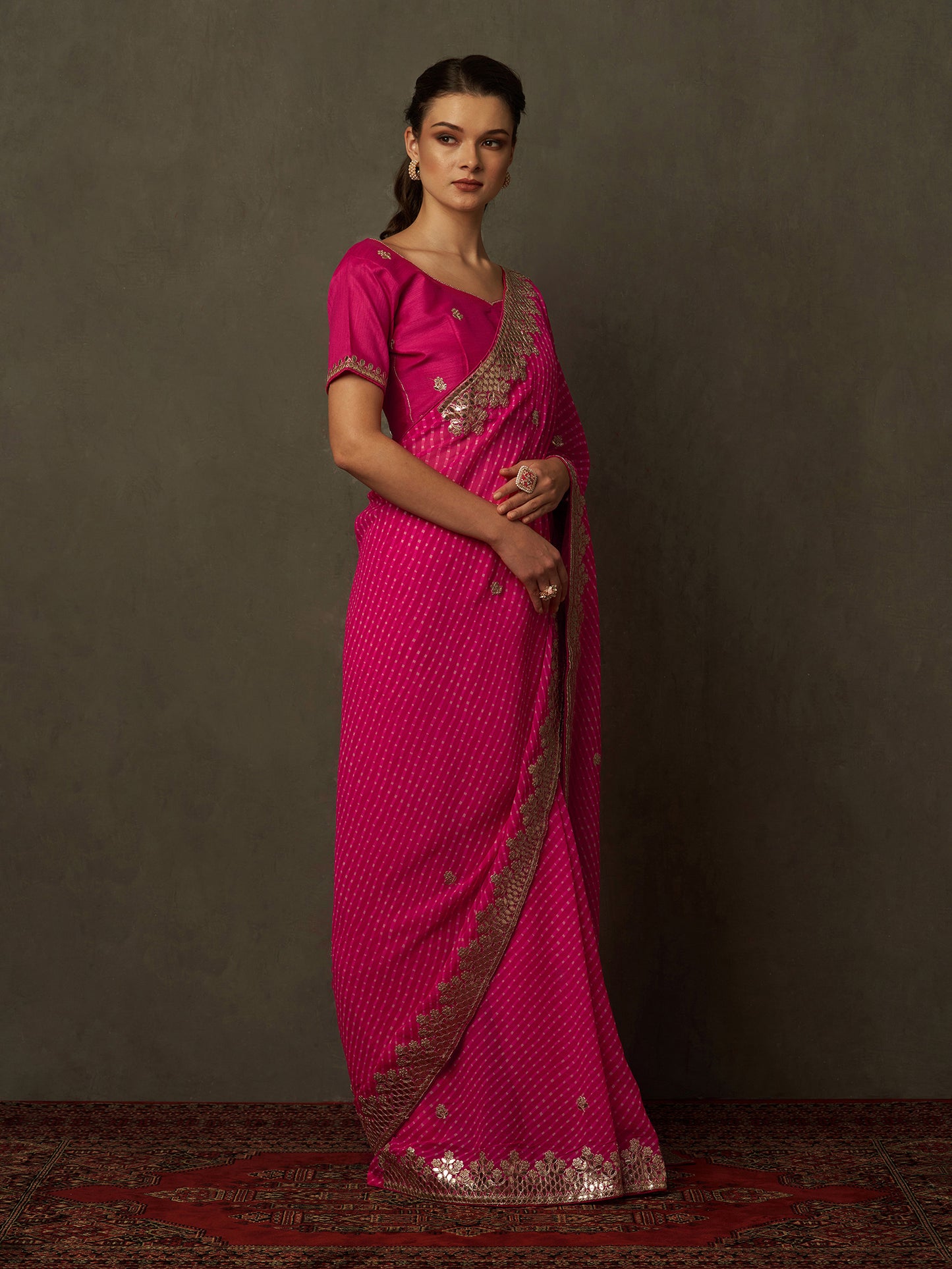 Women's Georgette Pink Embellished Designer Saree With Blouse Piece