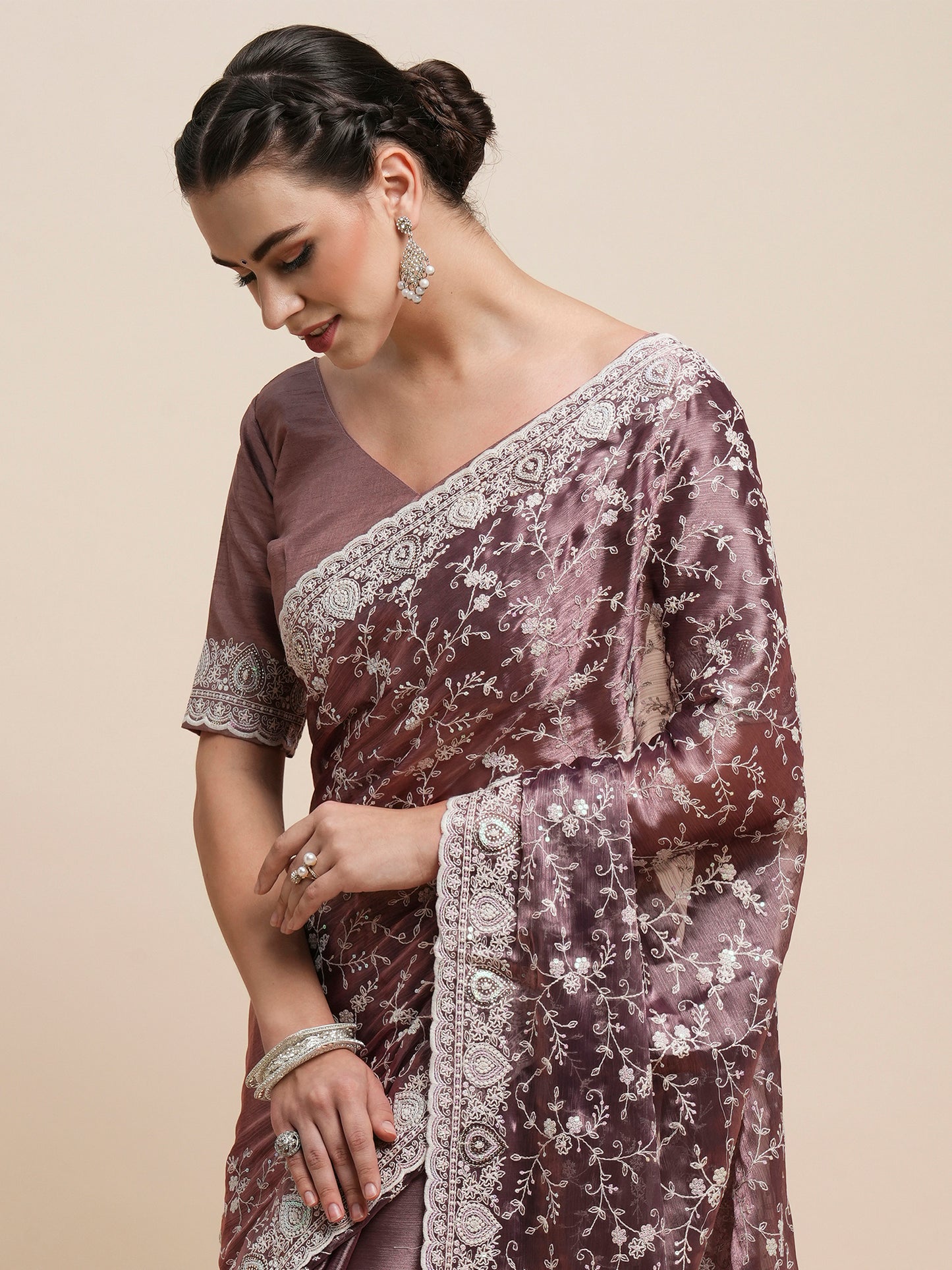Women's Organza Mauve Embroidered Designer Saree With Blouse Piece