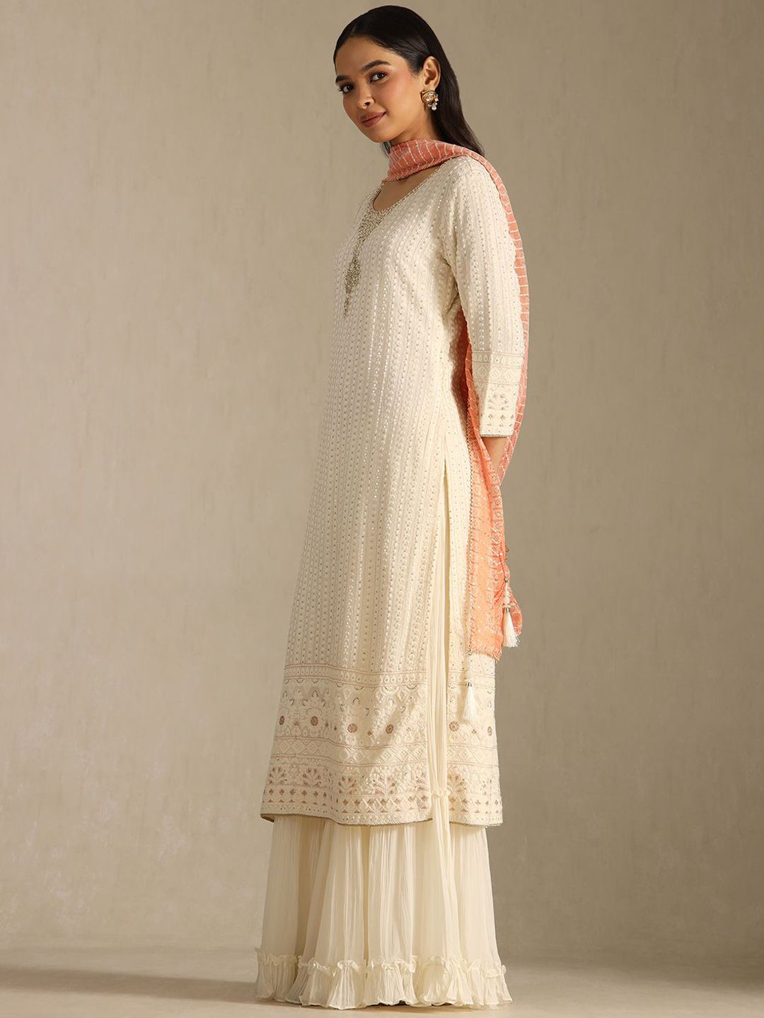 Dhiyona SO Women's Ethnic Motifs Embroidered Beads And Stones Georgette Kurta With Palazzos & Dupatta