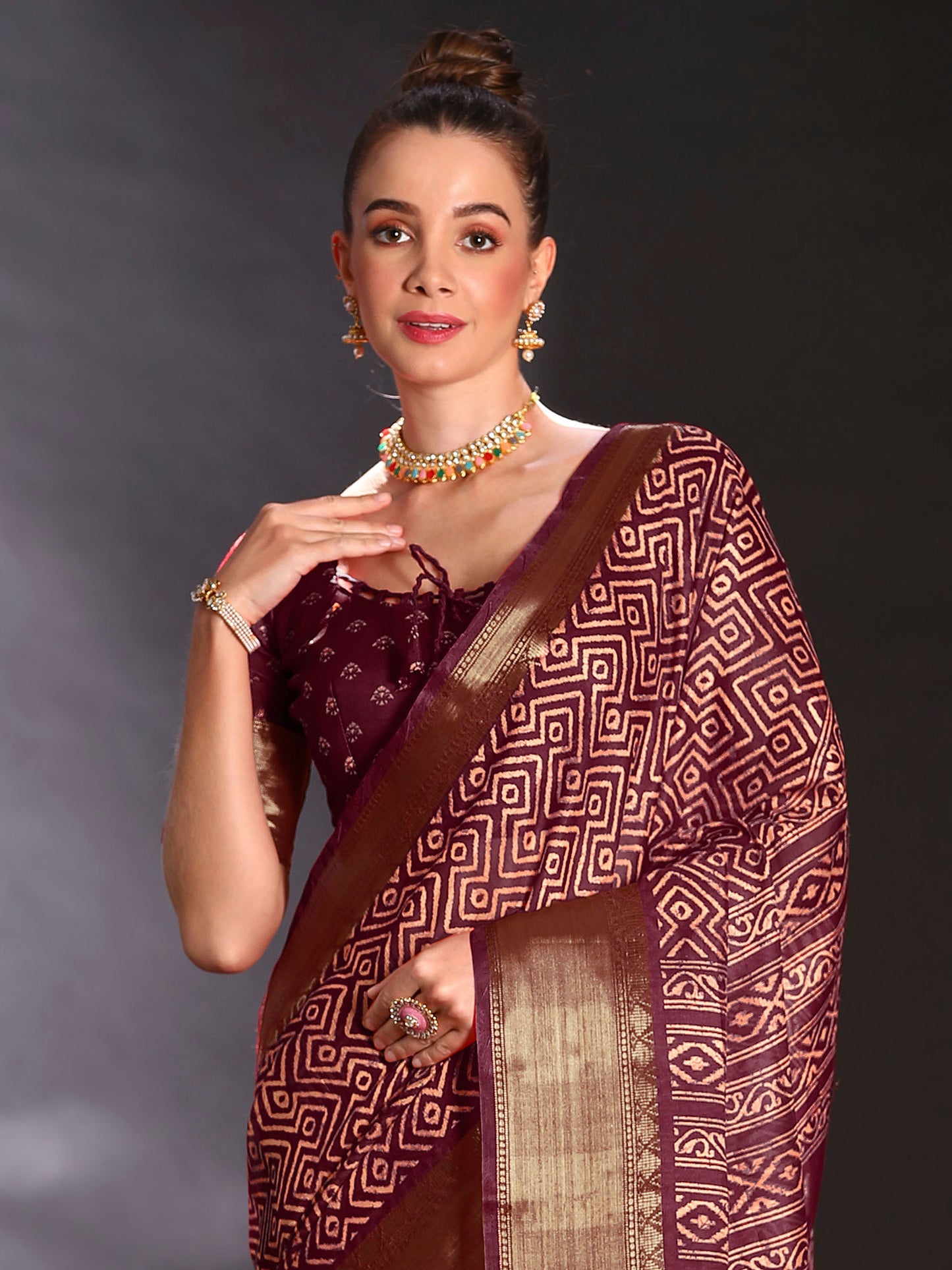 Women's Art Silk Burgundy Printed Designer Saree With Blouse Piece
