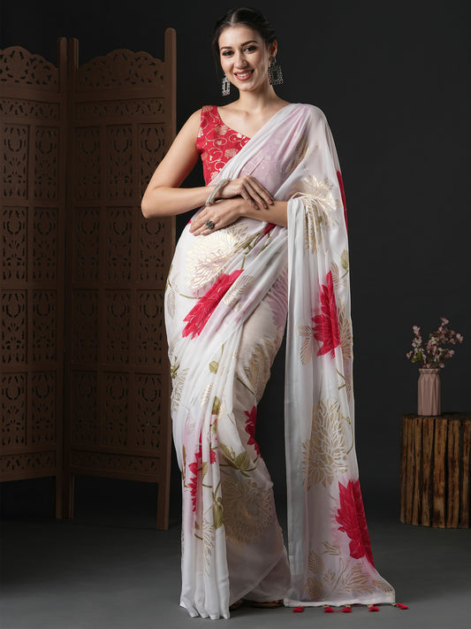 Women's Georgette White Printed Designer Saree With Blouse Piece