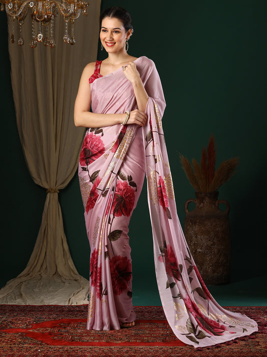 Women's Georgette Mauve Printed Designer Saree With Blouse Piece