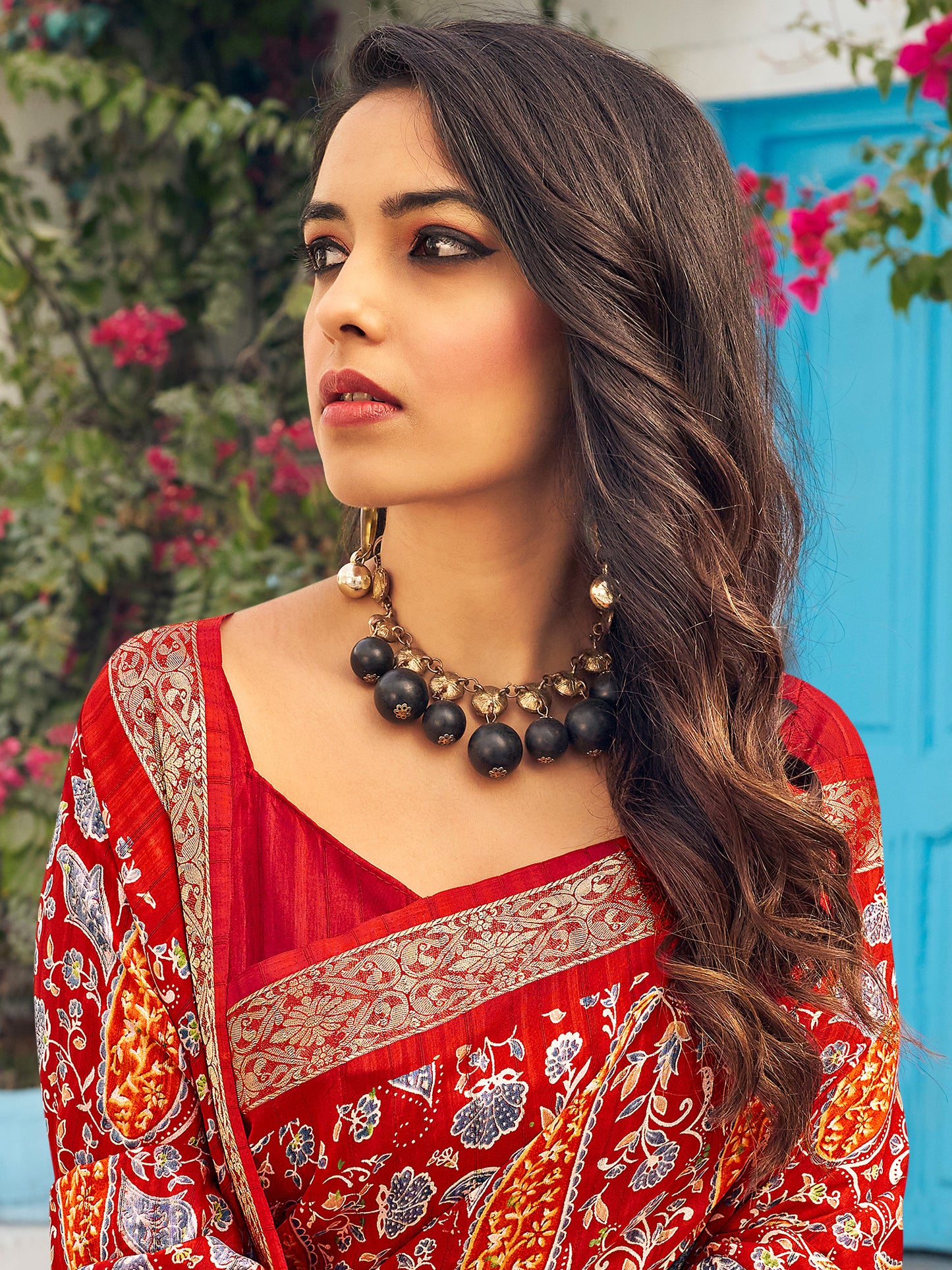 Women's Muga Silk Red Printed Designer Saree With Blouse Piece