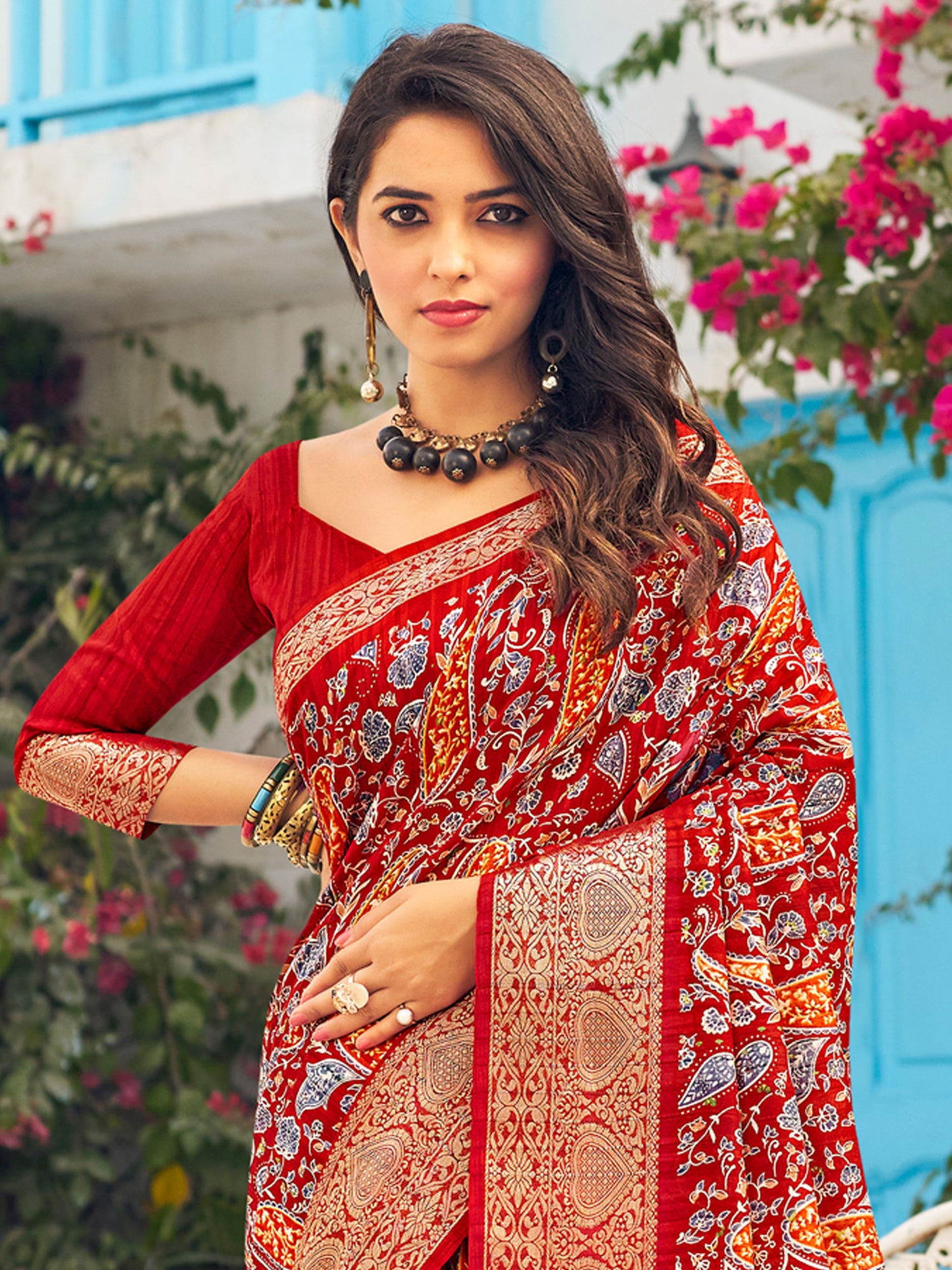 Women's Muga Silk Red Printed Designer Saree With Blouse Piece