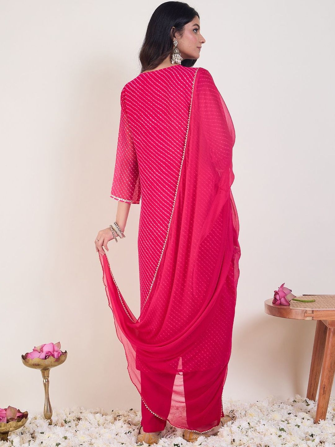 Leheriya Printed Regular Sequinned Kurta With Trousers & Dupatta