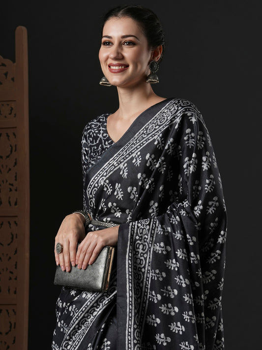 Women's Dola Silk Black Printed Designer Saree With Blouse Piece